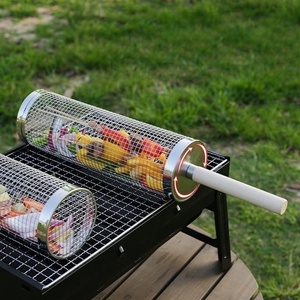 Panier de cuisson circulaire en acier inoxydable pour barbecue, empilable, avec poignée en bois, pour l'extérieur - Product Image 1