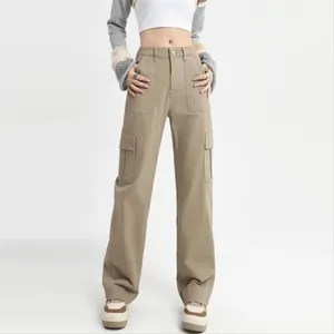 Women's Vintage High Waist Wide Leg Khaki Cargo Pants With Embroidery Patchwork Fashionable Straight Streetwear Trousers