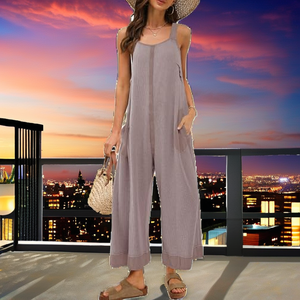 Combinaison sans manches taille haute en lin et coton pour femme, couleur unie, coupe ample, pantalon décontracté à jambes larges, respirante, pour le printemps et l'été - Product Image 2