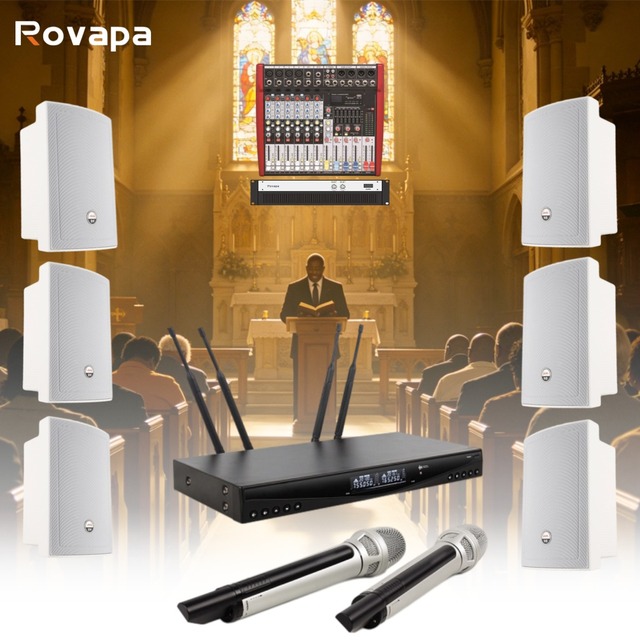 Church Audio Upgrade Package 6 Wall Speakers Wireless Mic Digital Mixer Amplifier Replacement for Old Sound System