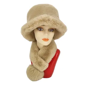 Custom Faux Fur Hat And Scarf Set Adult Women Winter Warm Fake Rex Rabbit Fur Hat Scarf Two-Piece Set