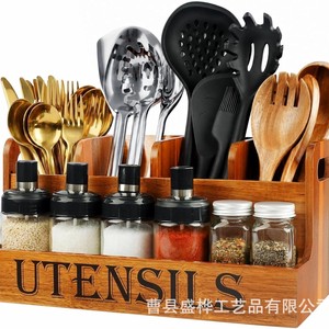 Wooden Utensil Storage Box With <b>Spice</b> <b>Jars</b> For Kitchen Organization L Size - Product Image 1