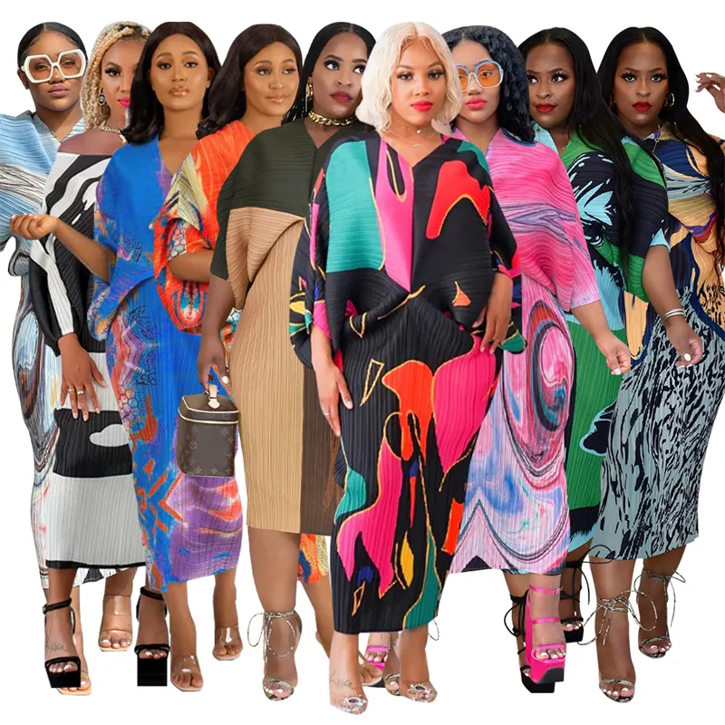 2023 spring luxury quality Women Batwing bat Sleeves V Neck multi color Printing miyake abstract stretchy pleated Loose dress