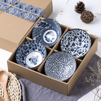 Cadeau Japonais Coloré Peint à la Main Blanc et Bleu Porcelaine Céramique Alimentaire Riz Soupe Nouilles Ramen Sets de Bols