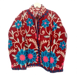 Red Corduroy Blazer With Hand Embroidered Floral Pattern <b>Mandarin</b> <b>Collar</b> Full Sleeve Autumn Women's <b>Jacket</b> - Product Image 1