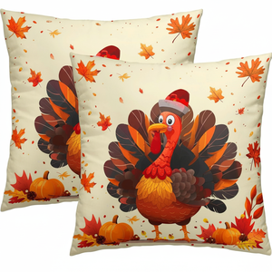 Set di Federe per Cuscini Decorativi 18x18 con Motivi Autunnali: Tacchino del Giorno del Ringraziamento, Foglie d'Acero Arancioni, Zucca Arancione - Product Image 2