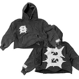 Custom Oversize No <b>Strings</b> Embroidered Patch Logo Cut Edge Applique Hoodie Cropped Retro Old Raw Hem Acid Washed <b>Hoodies</b> Men - Product Image 1