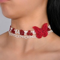 Colliers ras du cou papillon doux pour femmes, style français, chaîne de clavicule en dentelle florale, bijoux de fête