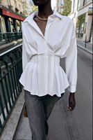 Zevity ZA Camisa de Negocios Casual para Mujer, Diseño Plisado de Color Sólido, Elegante Blusa de Algodón para Oficina