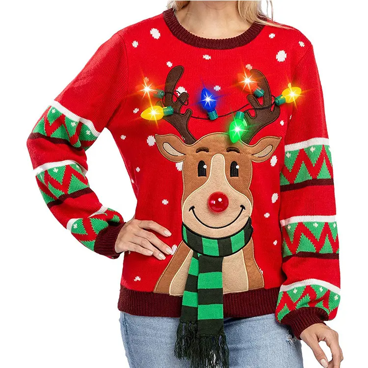 D&M 2023 Baggy Loose Stylish Reindeer Applique Women LED Christmas Sweater