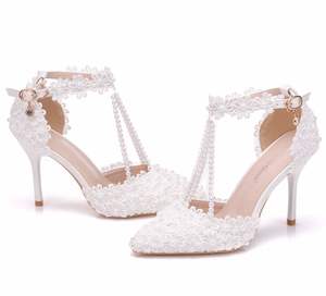 BS060 Scarpe da Sposa Bianche con Fiore in Pizzo 9cm, Sandali da <span class=keywords><strong>Donna</strong></span> con Cinturino alla Caviglia, Scarpe a Stiletto a Punta - Product Image 5