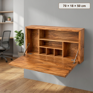 Bureau mural rabattable en bois de manguier |   Meuble de bureau flottant artisanal à un seul niveau, design moderne du milieu du siècle, fonctions de rangement - Product Image 3