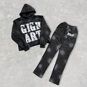 Sudadera con capucha para hombre, personalizada con serigrafía, con forro, ecológica, transpirable, de peso pesado, con efecto desgastado, de corte holgado, con estampado completo y pedrería - Product Image 1