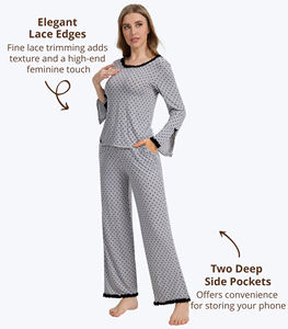 Ensemble de pyjama gris à pois pour femme, personnalisé, en modal, à manches longues, avec bordure en dentelle, vêtements de détente doux et extensibles en coton de bambou, vente en gros - Product Image 3
