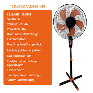 16 Inch <strong>Stand</strong> <strong>Fan</strong> Factory Custom Wholesale Black Grills Metal 5 Blade Orange 3 <strong>Fan</strong> Speed <strong>Cross</strong> <strong>Base</strong> Household Vertical <strong>Fan</strong>