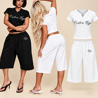 Ensembles d'été personnalisés Y2K pour femmes, haut court à manches courtes en coton à col en V et pantalon capri à jambes larges, tenue en 2 pièces avec short