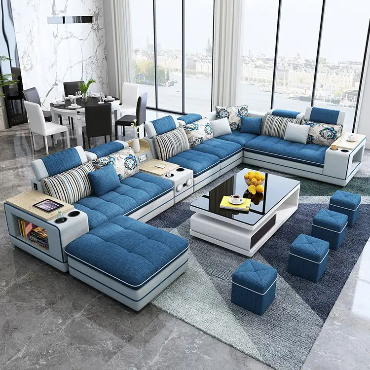 مخصص فارغة صنع الحديثة أريكة لغرفة المعيشة النسيج u على شكل وحدات 7 مقاعد الأرائك مجموعة أريكة قطاعات