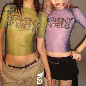 Letter Print <strong>Y2k</strong> <strong>Top</strong> See Through Graphic T Shirts for Women Clothing Short Sleeve Aesthetic Skinny Tees - Product Image 1