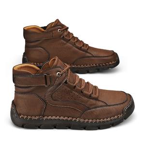 Bottes en cuir pour hommes, bottines élégantes cousues à la main avec semelle plate et lacets, pour un usage décontracté - Product Image 1