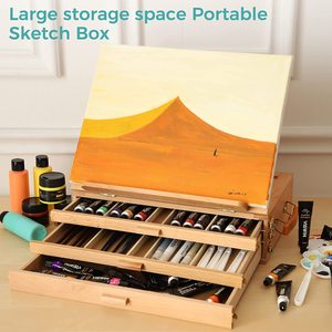 Caja de madera con tres cajones para pinceles, caballete de dibujo, almacenamiento portátil para materiales de pintura - Product Image 2