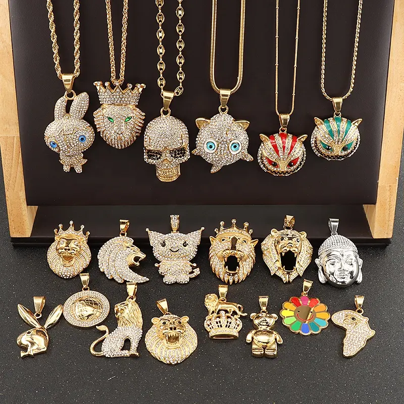 Beiyan Custom Stainless Steel Gold Lion Buddha Skull Animal Bear Anchor Cross Hand Letter Africa Map Star Butterfly Eye Pendant