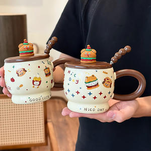 แก้วเซรามิคลายการ์ตูนแฮมเบอร์เกอร์พร้อมฝาและช้อน ขนาดใหญ่ สำหรับใช้ในบ้าน เหมาะเป็นของขวัญวันเกิดสำหรับผู้หญิง - Product Image 5