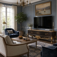 Console multimédia Rocaille Noir dorée à trois tiroirs |   Meuble TV de luxe de style baroque avec dessus en marbre