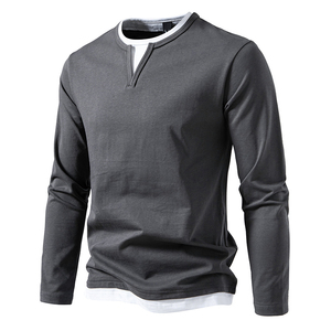 Magliette per Sublimazione all'Ingrosso in Cotone a Doppio Strato con <span class=keywords><strong>Scollo</strong></span> a <span class=keywords><strong>V</strong></span> Autunnale Patchwork Taglie Forti <span class=keywords><strong>T</strong></span>-<span class=keywords><strong>Shirt</strong></span> a Maniche Lunghe da <span class=keywords><strong>Uomo</strong></span> - Product Image 2