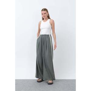 Pantalon pour femme avec bordure latérale en gros-grain et taille élastique -32302PNT - KHAKI-ECRU - Product Image 1