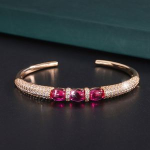Fashion Jewelry Eco-friendly <b>Copper</b> Statement 6*8mm Red Corundum Zircon Gold Plated Cuff <b>Bangle</b> Women for Daily Wear - Product Image 5