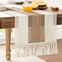 Chemin de table de style bohème 14x72 pouces, rayures mexicaines marron/ivoire avec surpiqûres bicolores, décoration bohème grossière
