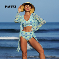 PASUXI 3 Piece Bikini Set High Waisted Swimsuit with Mesh Long Sleeve <strong>Cover</strong> <strong>up</strong> Luxury V Neck Print <strong>Beachwear</strong> Bathing Suit