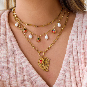 Ladybug Necklace Gold Chain Layered Pearl Insect Charm Women's Fashion Jewelry for Sweaters Autumn Winter Accessory - Product Image 1