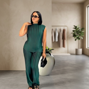 Women's Green Striped Pleated 2 Piece <b>Set</b> Sleeveless Turtleneck Top Wide Leg Pants Loose Fit Spring Summer Normcore Style - Product Image 4