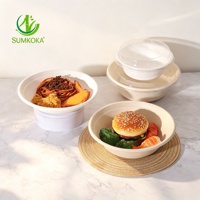 Bol à salade rond en bagasse de canne à sucre biodégradable Sumkoka 24oz 32oz, jetable, compatible micro-ondes, qualité alimentaire, avec couvercle