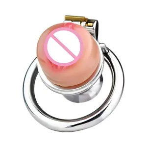 FRRK factory hot sale male chastity device round cock ring with silicone skin pink vagina chastity locks adult men erotic toys