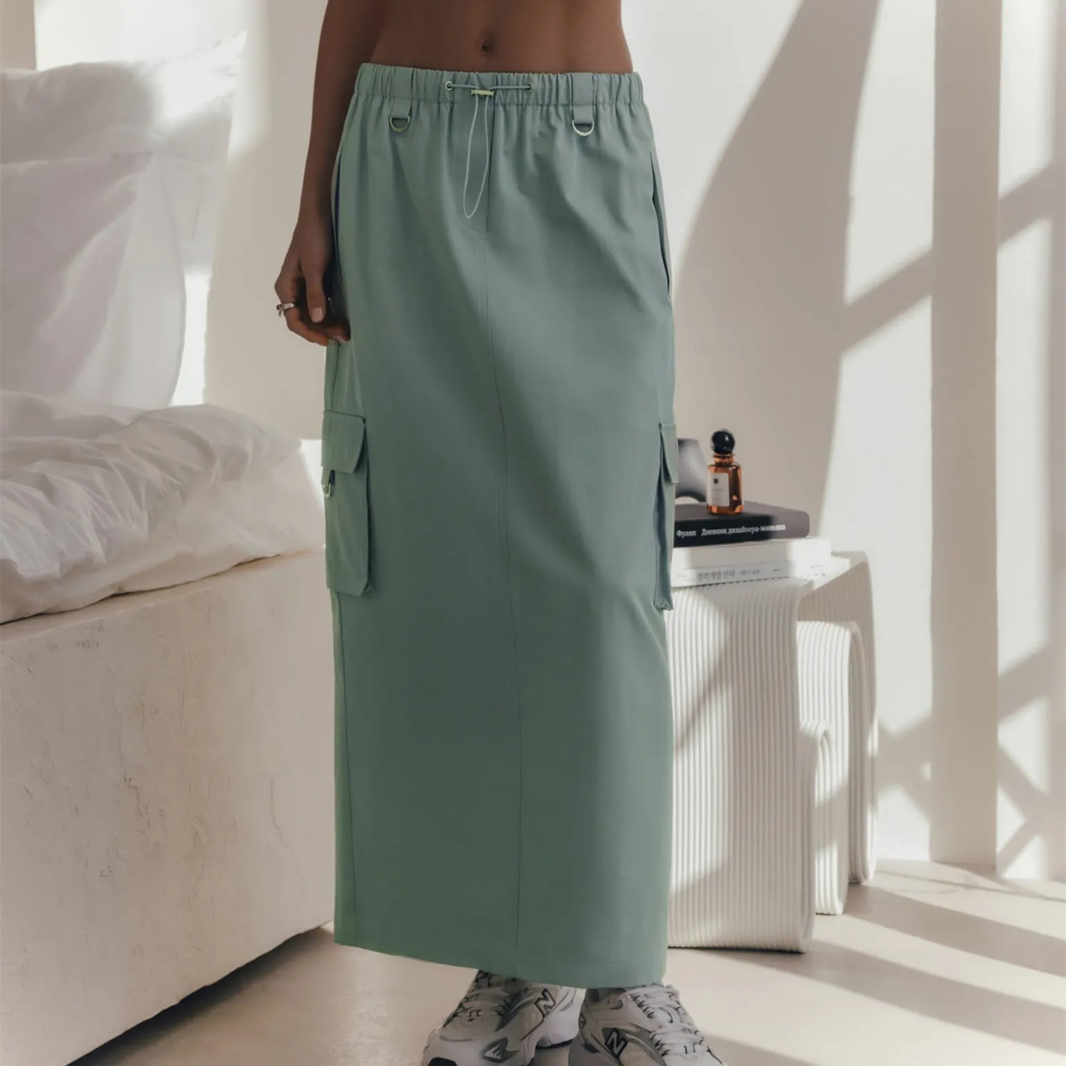 2023 wholesale drawstring midi long green cargo skirt custom logo women