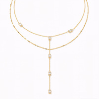Collier long en Y double couche en acier inoxydable plaqué or avec zircon baguette incrusté et pierre rectangulaire pour femme