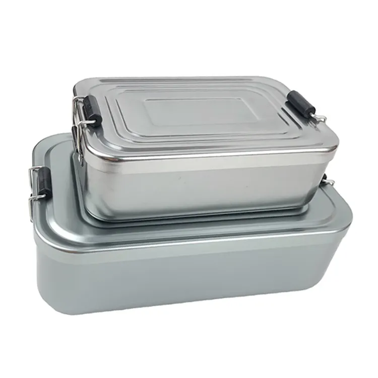 Aolijue Lfgb Draagbare Voedselcontainer Opbergdoos 1000Ml Rechthoek Afsluitbare Groothandel Aluminium Bento Boxen Metalen Lunchbox