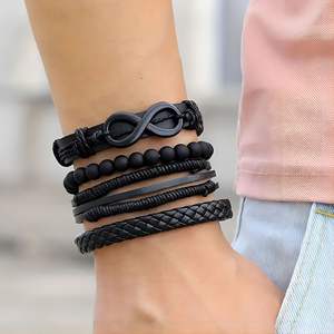 Retro Unisex Herrenarmband aus Schwarzen Perlen und PU-Leder, Modisches Mehrschichtiges Armband mit Hohlem Dreieck, Gewickelter Tribal-Schmuck - Product Image 3