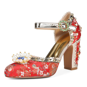 Sandales à talons épais pour femme, grande taille 45, avec perles de luxe, fleurs, strass, bride cheville, coupe large, imprimé floral, chaussures habillées - Product Image 5