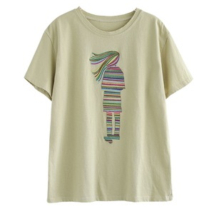 Women's Loose Round Neck Short Sleeve T-Shirt Gray Girl Colorful Embroidery Summer Fashion Casual Wear - Product Image 5