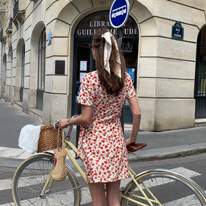 Phụ Nữ Của Màu Đỏ Ditsy Hoa O Cổ Ngắn Tay Áo Mùa Hè Giản Dị Đảng Dress <span class=keywords><strong>Parisian</strong></span> Chic Được Trang Bị Mini Bên Tie Bọc Ngọt Ngào Tự Nhiên - Product Image 4