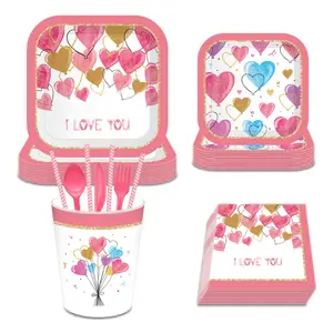 Huancai Valentine's Day party tableware set paper plates square cups napkins I LOVE YOU printing custom for wedding decorations