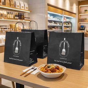 Sac en papier kraft biodégradable personnalisé avec logo imprimé pour la livraison de pâtes et salades à emporter - Product Image 5