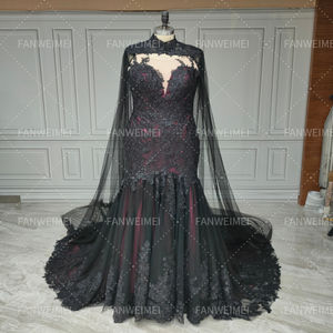 Gelin pelerin ile 17005 # zarif siyah ve mor düğün elbisesi Illusion geri balık kuyruğu gotik Mermaid resmi elbise gelin kıyafeti - Product Image 3