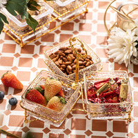 Plateau de service à collations en verre avec couvercles et support doré, 2, 3, 4 ou 6 compartiments, bols amovibles martelés, poignée en cristal, plat à fruits secs et noix