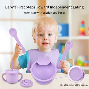 BPA Free Silicone <b>Baby</b> <b>Feeding</b> Set Suction Plate Bowl Bib Spoon Fork Cute Cartoon Design Eco Friendly Dishwasher Safe Portable - Product Image 5