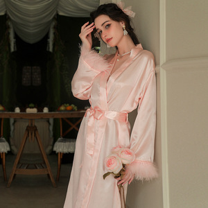 عبر الحدود الأوروبي الأمريكية مثير العروس ثوب الصباح المرأة ريشة ثوب نوم طويل الزفاف ماكياج وصيفه الشرف مجموعة كيمونو - Product Image 1