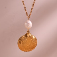 Collier pendentif coquillage gravé en perle d'eau douce pour enfants, plaqué or 18 carats, chaîne en acier inoxydable, ensemble de bijoux d'été